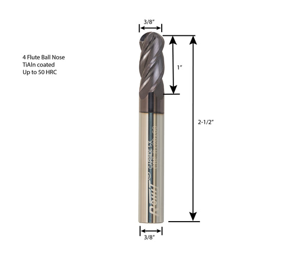 Ball Nose End Mill KYOCERA 1825-0625.188 Series 1825 Standard Length Ball Nose Cnc Inc