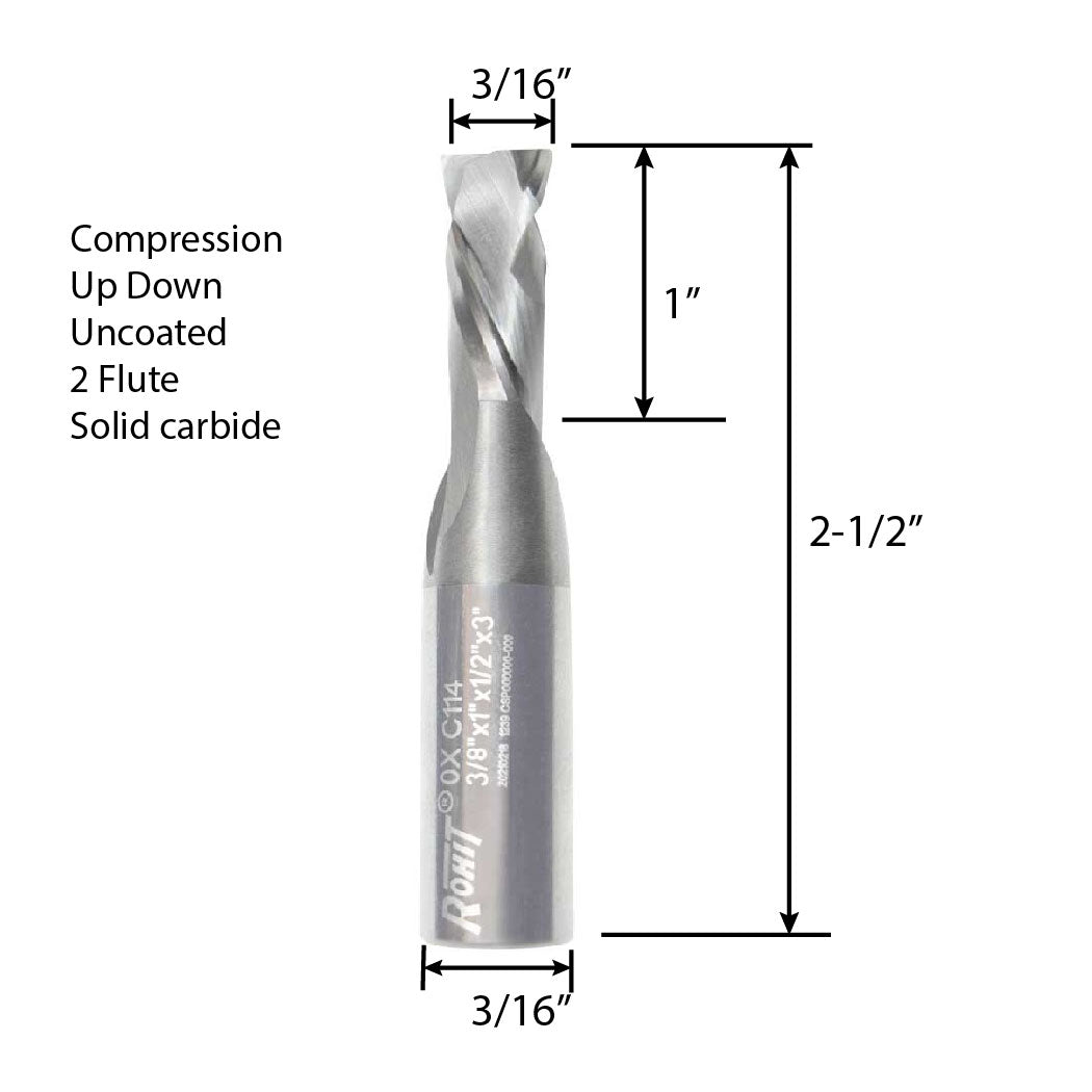 Rohit C-114 2 Flute Solid Carbide Compression or Up and Down Cut Router Bit Cut Diameter 3/16" for Wood, MDF, Laminates ETC (3/16")