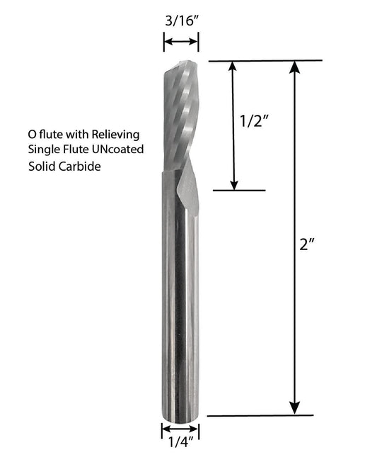 Rohit O Flute Up Cut 3/16 inch Solid Carbide End Mill Single Flute Spiral CNC Router Bit 1/4 inch Shank for Aluminum and Acrylic Cutting